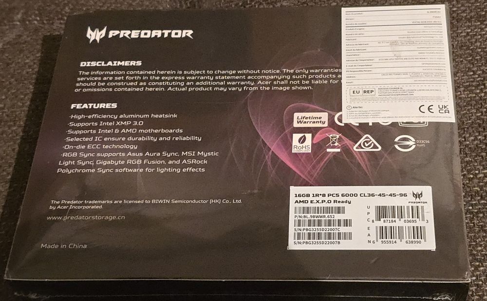 Ram Memorie Acer Predator Vesta II DDR5 6000 MHz 32GB (16GBx2) RGB CL3