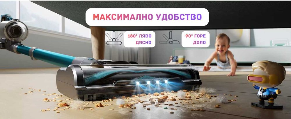 НОВА Мощна безжична вертикална прахосмукачка 450W 3 режима, 55 мин раб