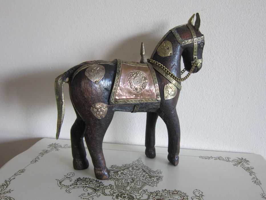 cadou rar Craciun Cal Căluț antic vintage lemn alama bronz cupru