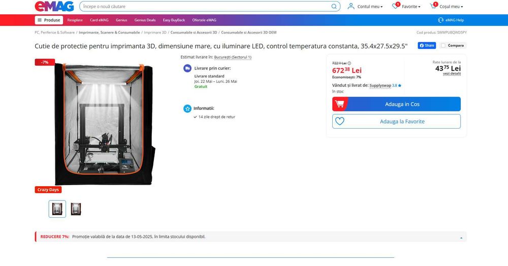 Husa imprimanta 3D Ignifuga+ Iluminata 550x650x730, REDUS de la 670RON