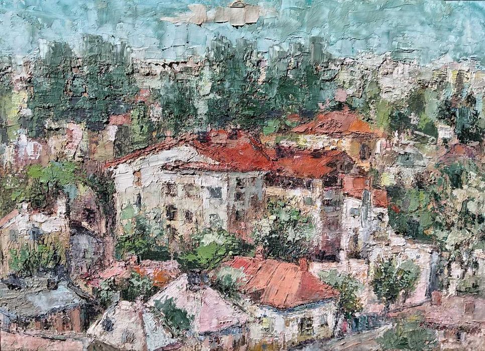 Tablou vechi - peisaj citadin - pictor roman