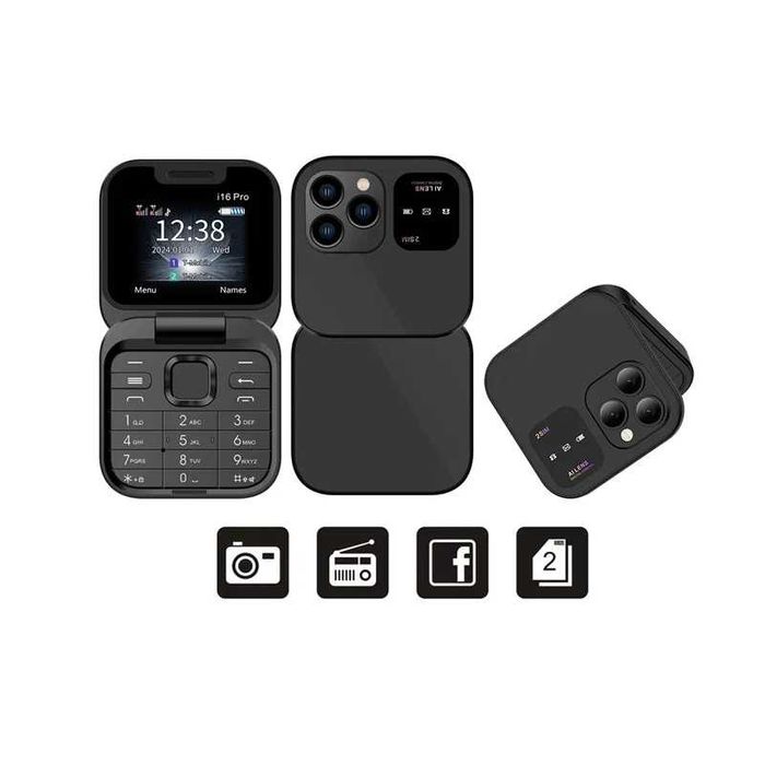Telefon mobil mini, butoane mari, camera foto, 2 x Nano SIM, Negru