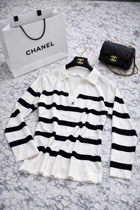 пуловер бял рае шанел черно бял chanel с яка плетен блуза ръкав дълъг