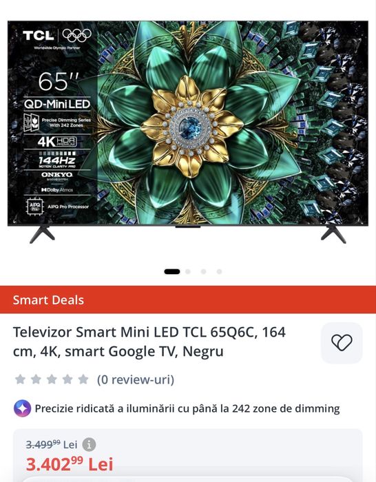 Televizor Smart Mini LED TCL 65Q6C, 164 cm, 4K, smart Google TV, Negru
