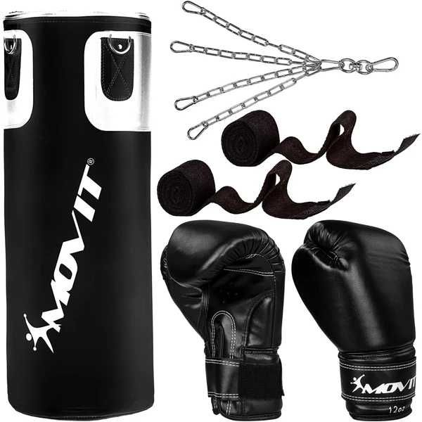 Set sac de box, manusi, bandaje, pentru adulti, negru MOVIT - ALB/NEGRU