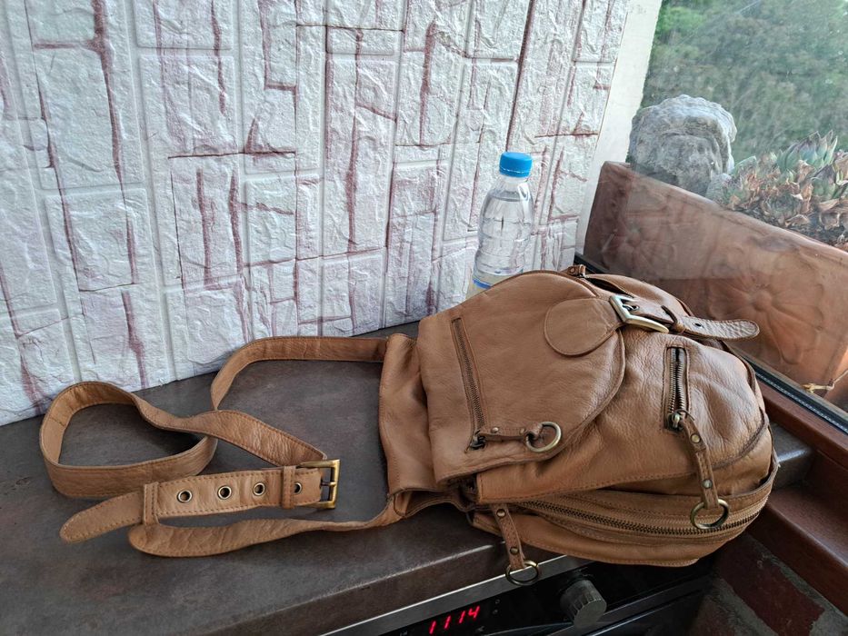 мъжка/дамска кожена чанта,бежова торба-естествена кожа