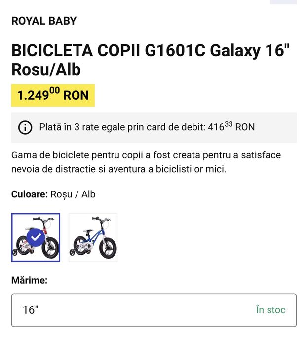 Bicicleta copii G1601C Galaxy 16" rosu/alb