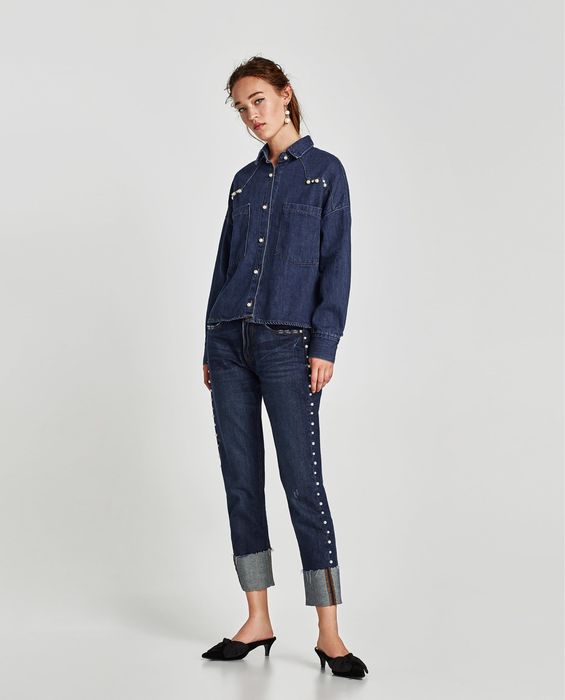 Zara дънкова риза с копчета перли