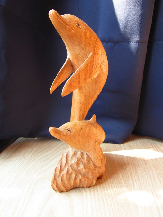 cadou rar feng shui Delfini sculptura superba vintage lemn