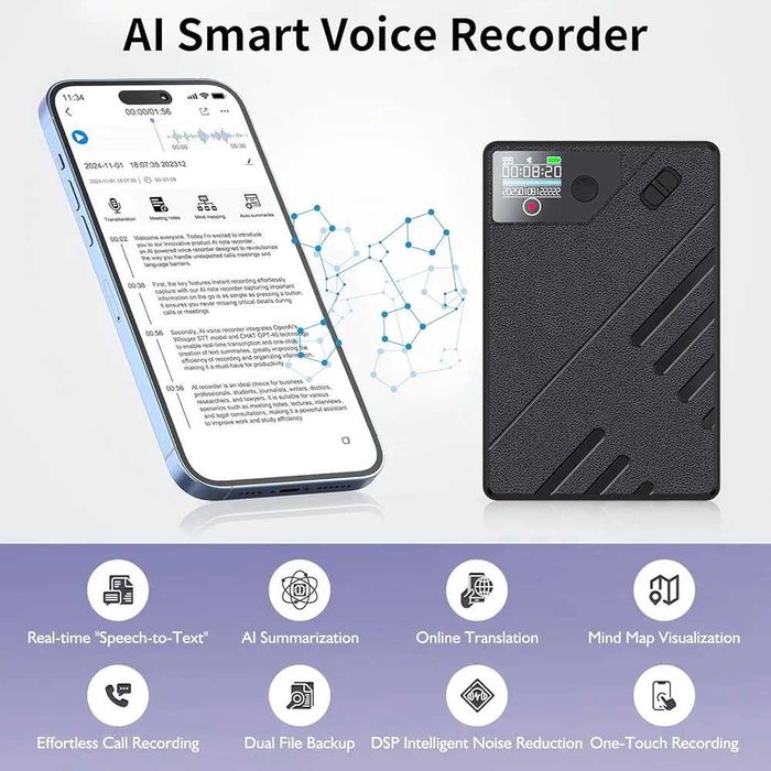 Нов AI Дигитален Диктофон HUAJUN 64GB, Транскрипция и Резюме с GPT-4o