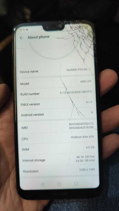 Huawei P20 Lite cu display fisurat/ functional/placa buna fara conturi