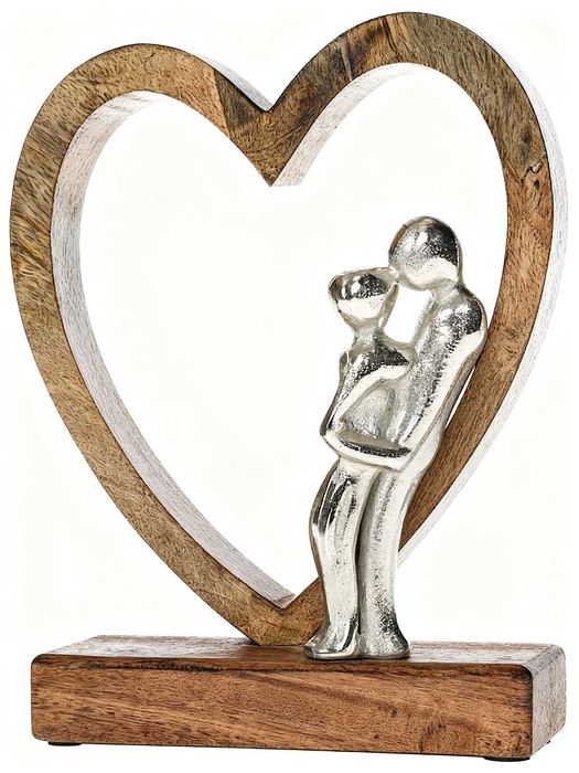 Decoratiune de masa din lemn inima cu figurina cuplu imbratisat 18x22