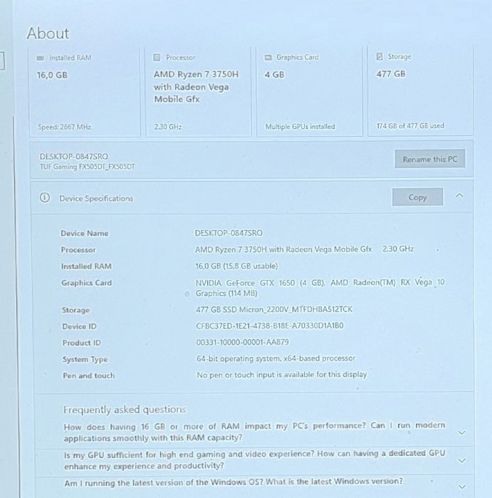 ASUS TUF Gaming FX505DT – Ryzen 7, GTX 1650, 16GB RAM, SSD NVMe 512GB