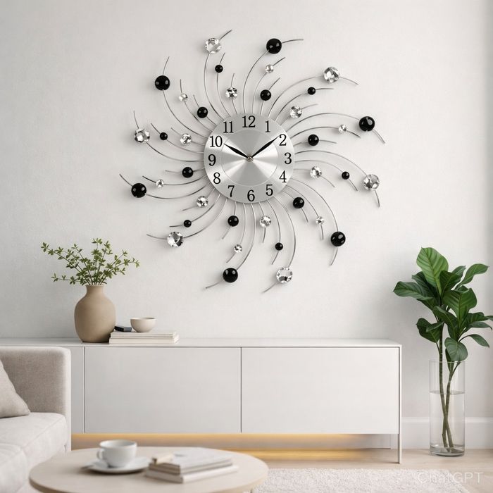 Стенен часовник с кристали , 50 см, Кварцов механизъм, Безшумен