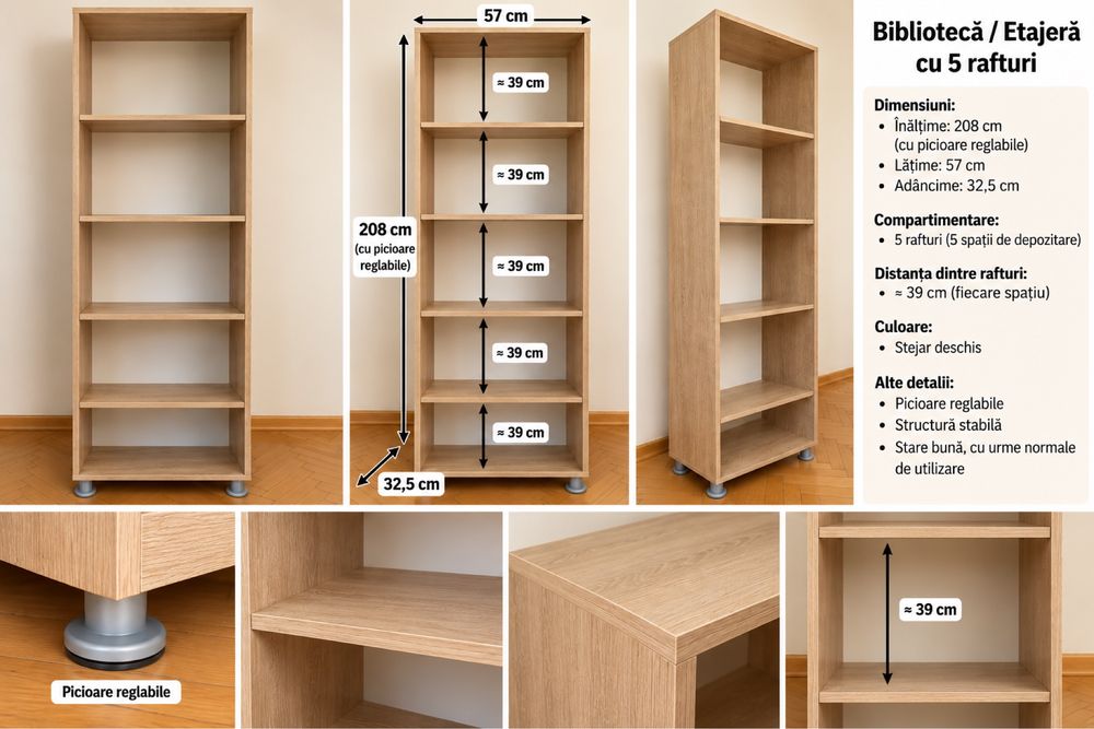 Bibliotecă / etajeră înaltă cu 5 rafturi – stejar deschis – 208 × 57 cm