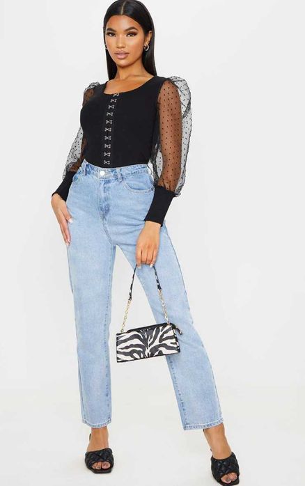 PrettyLittleThing черен топ тип корсет с органза ръкави XS