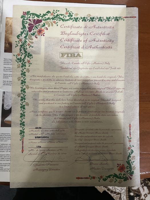 Коллекционная кукла фирма Fiba италия