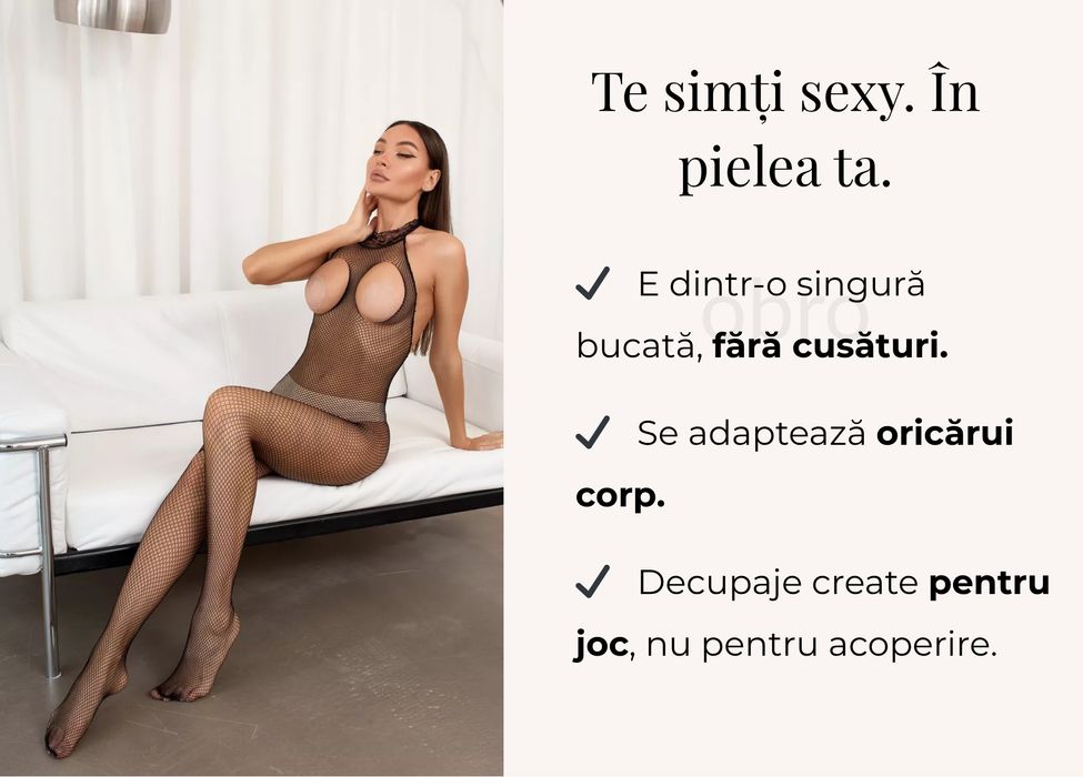 Costum Catsuit Erotic - Plasa cu Ochiuri si Decupaje Sexy, Negru, Marime Universala