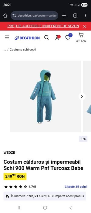 Costum călduros și impermeabil Schi 900 Warm Pnf Turcoaz Bebe
