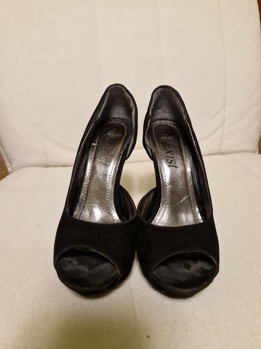 pantofi platforma, negri din piele intoarsa