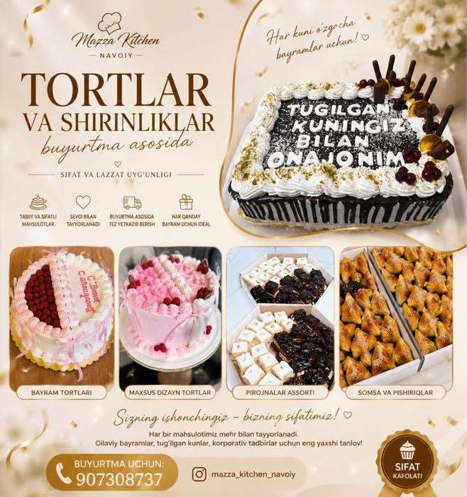 Tort hamda barcha turdagi pishiriqlarga buyurtma olamiz