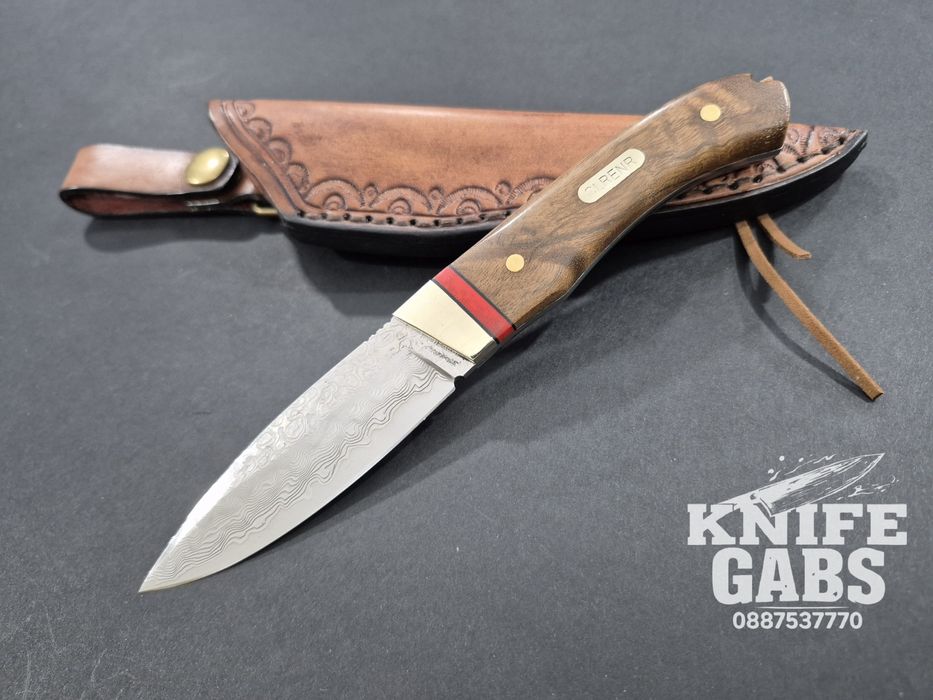 Компактен ловен нож CLRERN, дамаска стомана,фултанг с кожена кания ,LN