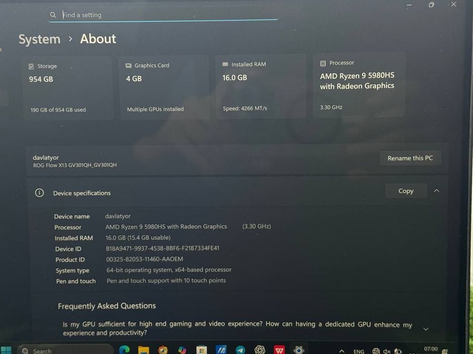 Asus rog flow x360  sensor ekran