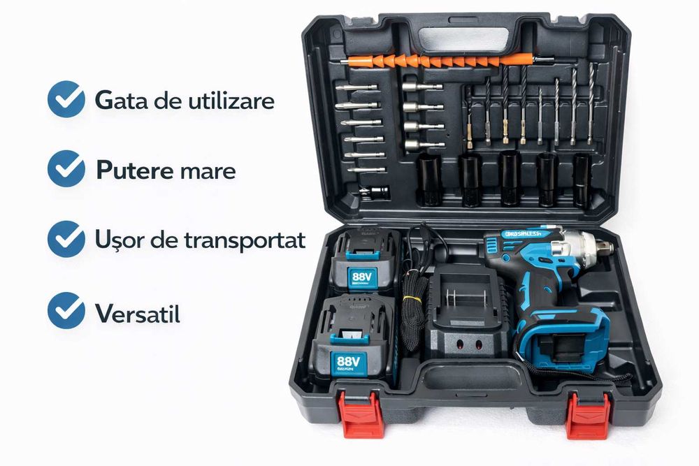 Kit cheie de impact 88V cu 2 baterii si accesorii complete