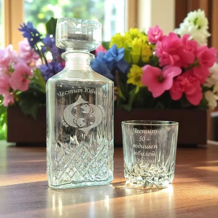 Лазерно гравирана стъклена гарафа + Стъклена чаша за уиски