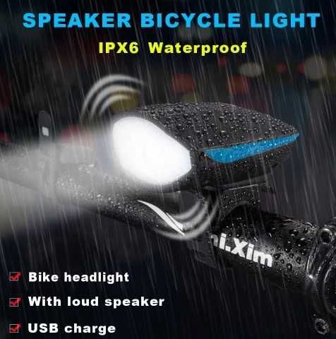 Мощен презаредим водоустойчив вело фар за колело с вграден клаксон