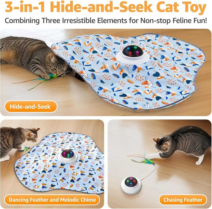 Интерактивна играчка за котки със звънец и подвижно перо, USB, синя