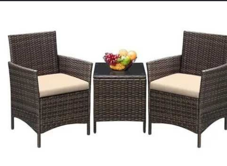 Ратанов Градински Комплект от 3 Части, Черен И Кафяв + Възглавнички