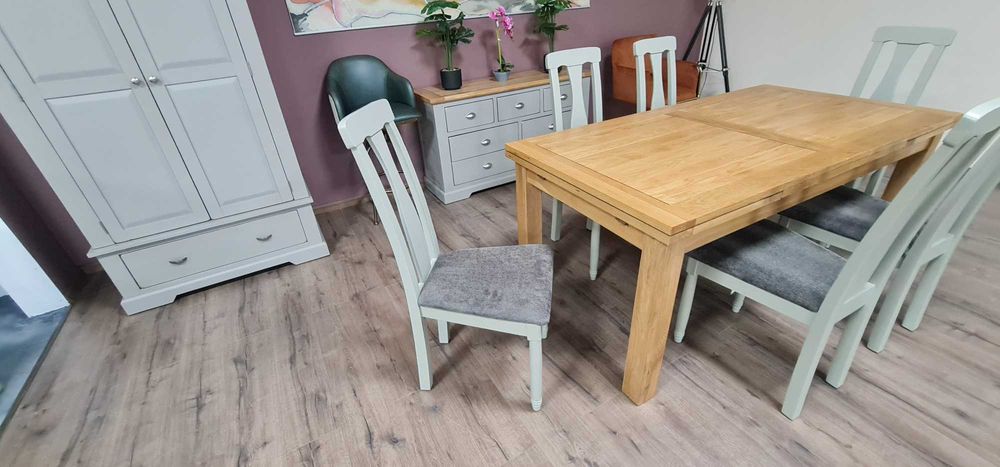 ПРОМОЦИЯ! Нова дървена разтегателна трапезна маса от дъб с шест стола