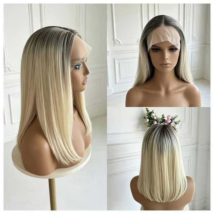 Руса права омбре перука с черни корени - 40 см, лейс фронт 13×4 Lace Front