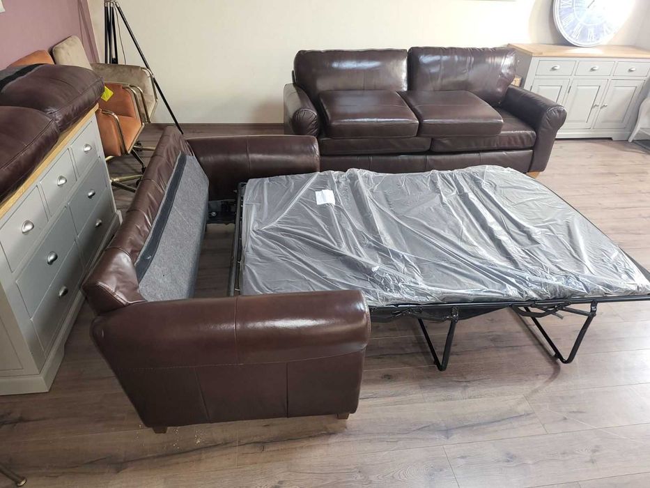 Кафяв кожен комплект дивани четворка и двойка с функция сън