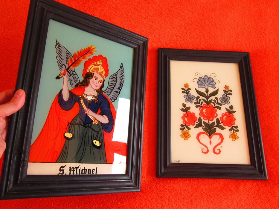 cadou rar tablou pictat pe sticla Sfantul Mihail +Flori, semnate