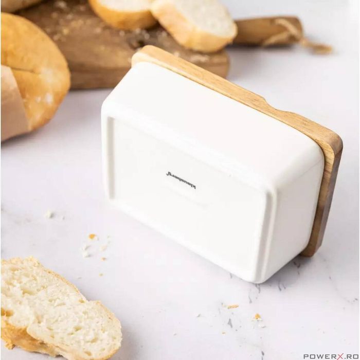 Untiera din ceramica, alba, cu capac din lemn de salcam si cutit,