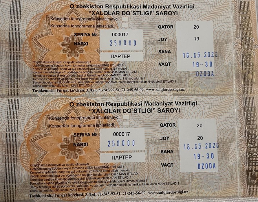 Ozoda Nursaidova konsertiga biletlar,Xalqlar do’stligi san’at saroyida