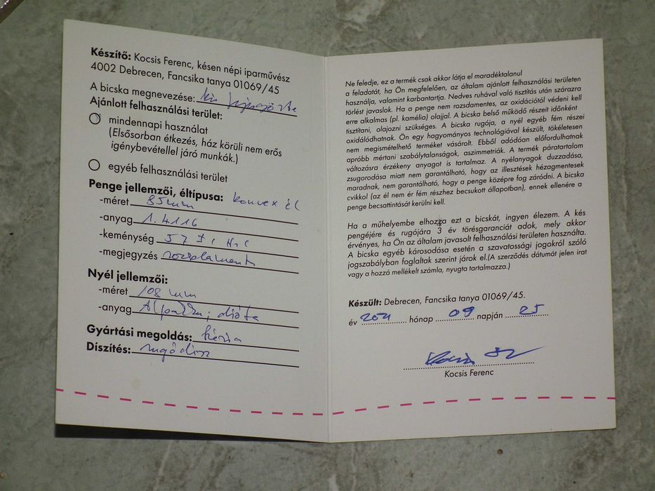 Briceag traditional maghiar Fejesgörbe cu certificat mester Kocsis Ferenc arc decorat