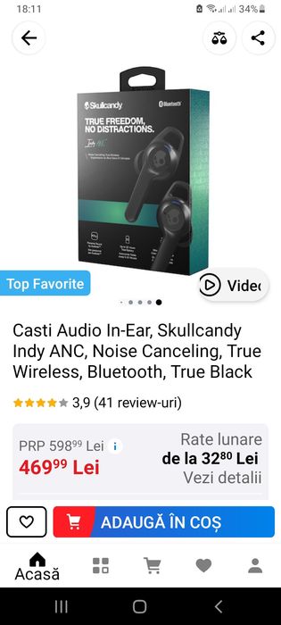 Căști Skullcandy Indy ANC In-Ear,Noise Canceling, Black