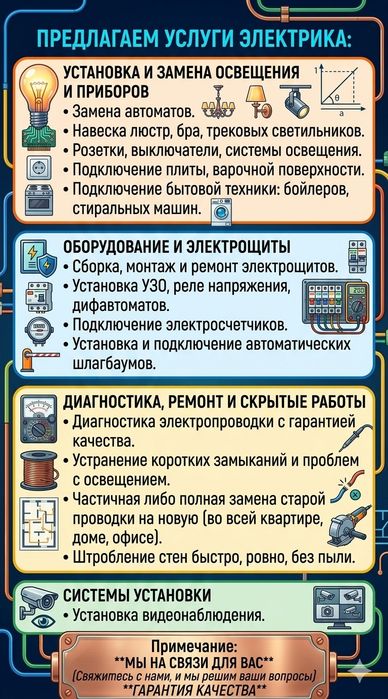 Услуги электрика, элетромонтаж 24/7.