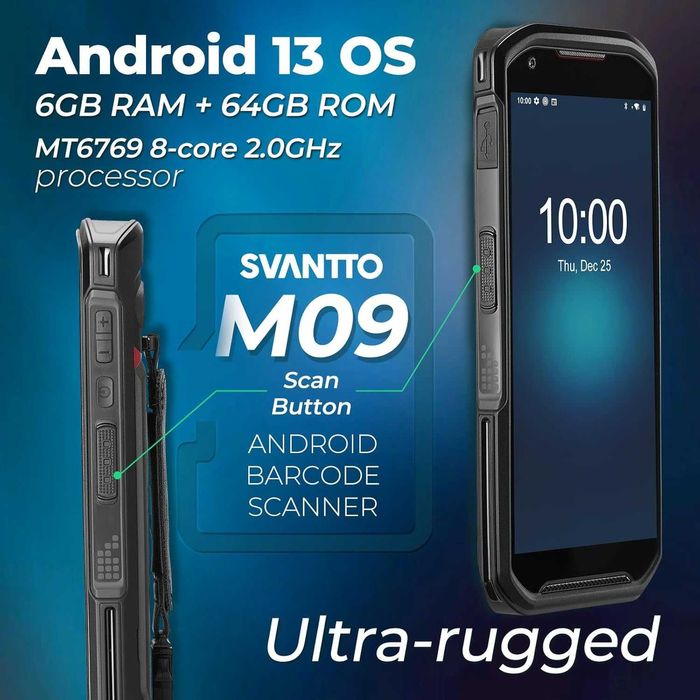 Баркод скенер SVANTTO Android 13 – Професионален PDA за WMS/ERP (1D/2D/QR, 6GB RAM, IP66)