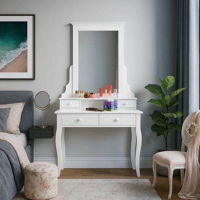 Masuta machiaj cu oglinda, lemn masiv, alb