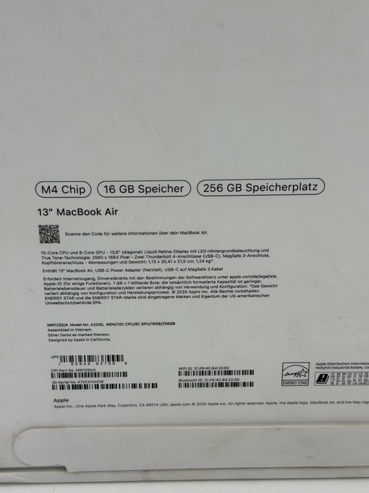 Laptop Apple MacBook Air 13 Apple M4, 16GB RAM, 256GB, space black Nou