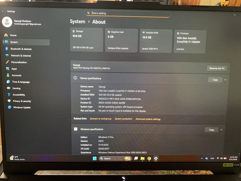 Лаптоп ASUS TUF Gaming F16 FX607VU Intel Core i7-13620H, NVIDIA GeForce RTX 4050 6GB , 1TB SSD