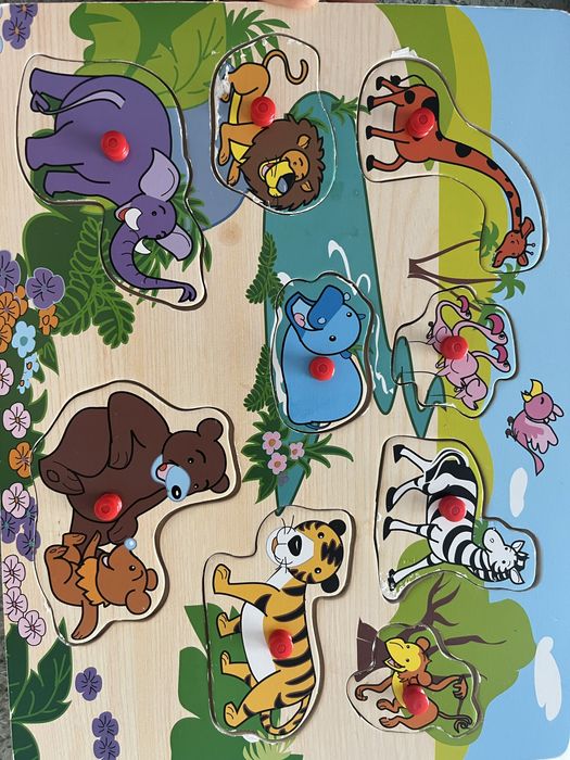 Puzzle din lemn cu animalute si fructe