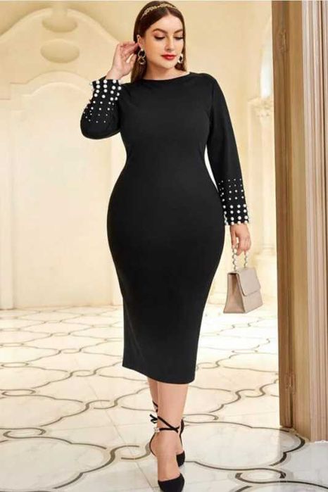 Rochie batal Ayumi, cu perle decorative si guler rotund, Negru, 4 XL