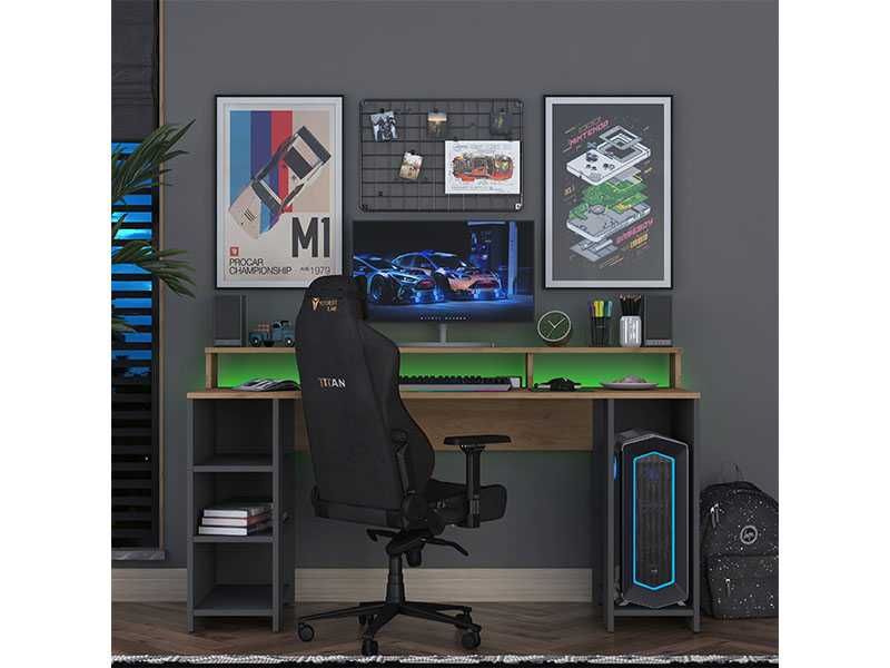 Голямо Геймърско бюро с LED осветление Puzzle-home 3000, Антрацит/Орех