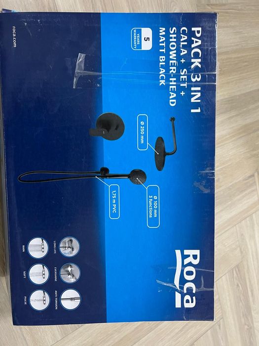 Set dus 3 în 1 Roca – cap duș + para duș, culoare negru mat, nou.