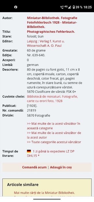 *Carte veche "Biblioteca in miniatură" Germania anii 1900
